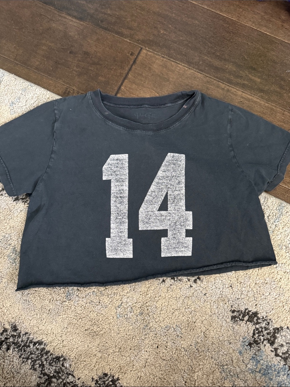 Brandy Melville Black Cropped Tee with White '14' Graphic Raw Hem See Stains